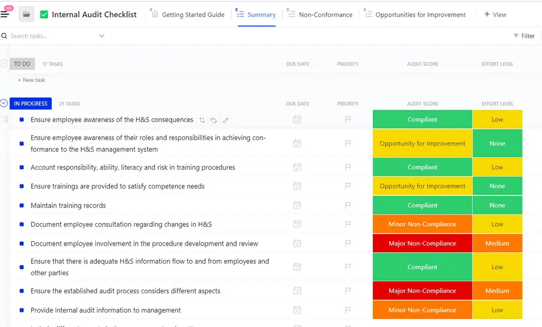 Migliorate la protezione dei dipendenti e dei clienti garantendo gli standard di qualità grazie al modello di lista di controllo per l'audit interno di ClickUp