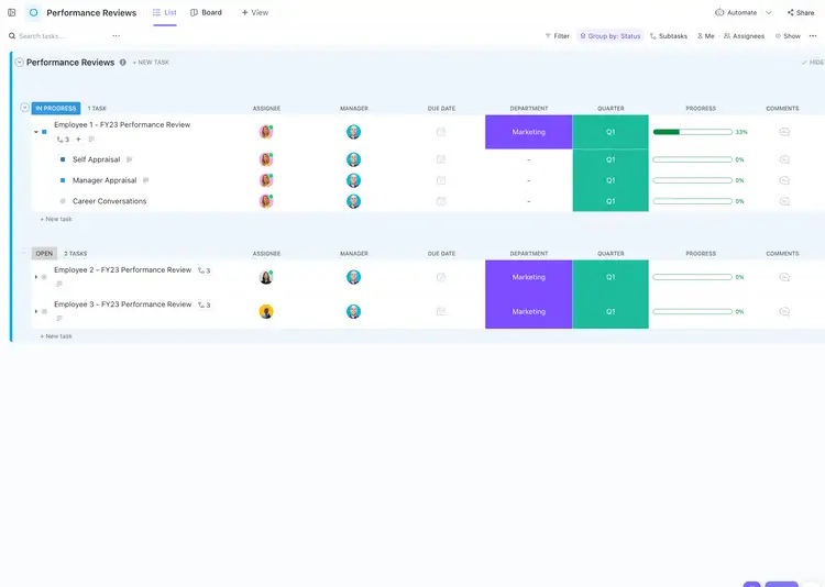 Set team objectives, track employees’ performance, and share effective feedback with ClickUp’s Performance Review Template