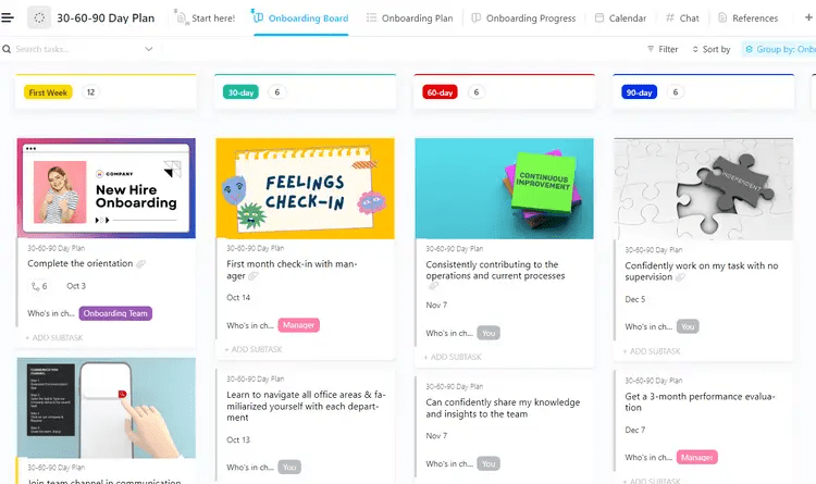 ClickUpの30-60-90日プランテンプレートを使って、新入社員が必要なオンボーディングタスクを実行し、迅速にスピードアップできるようにしましょう。