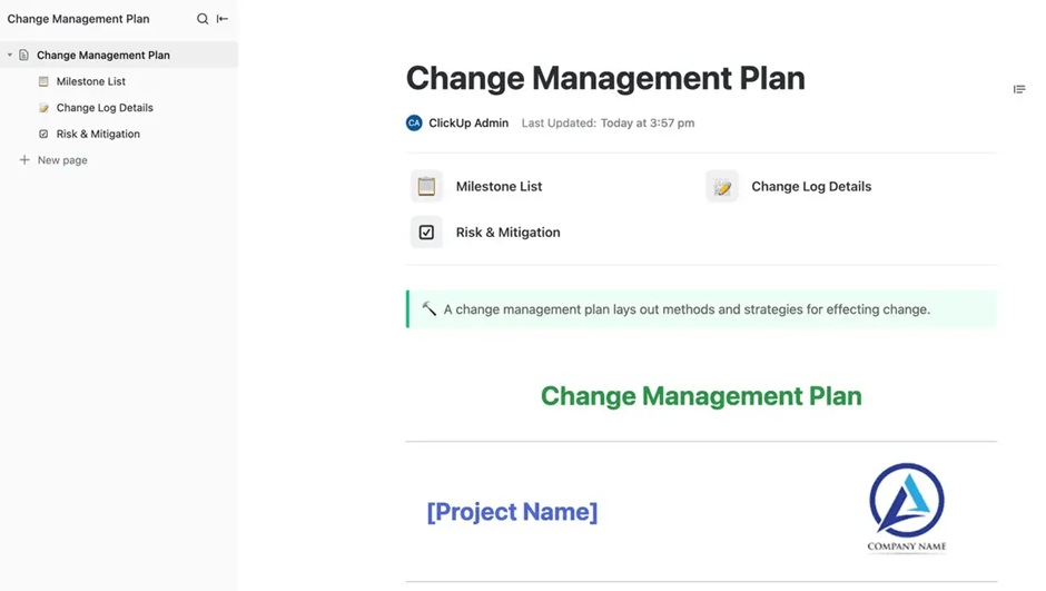 Lay out methods and strategies for effecting change using ClickUp’s ready-to-use Change Management Plan Document Template
