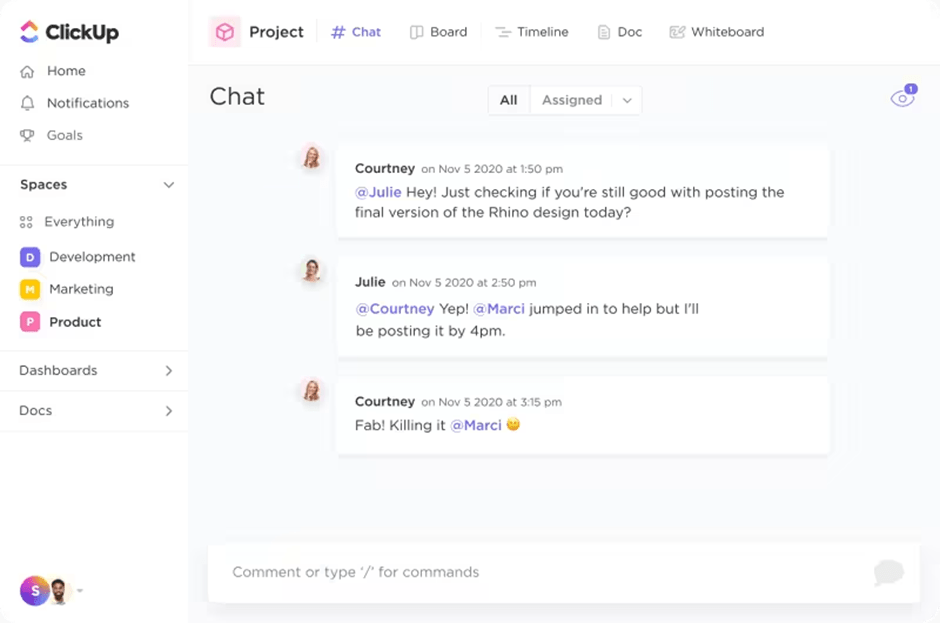 Immagine della dashboard di ClickUp per la chat