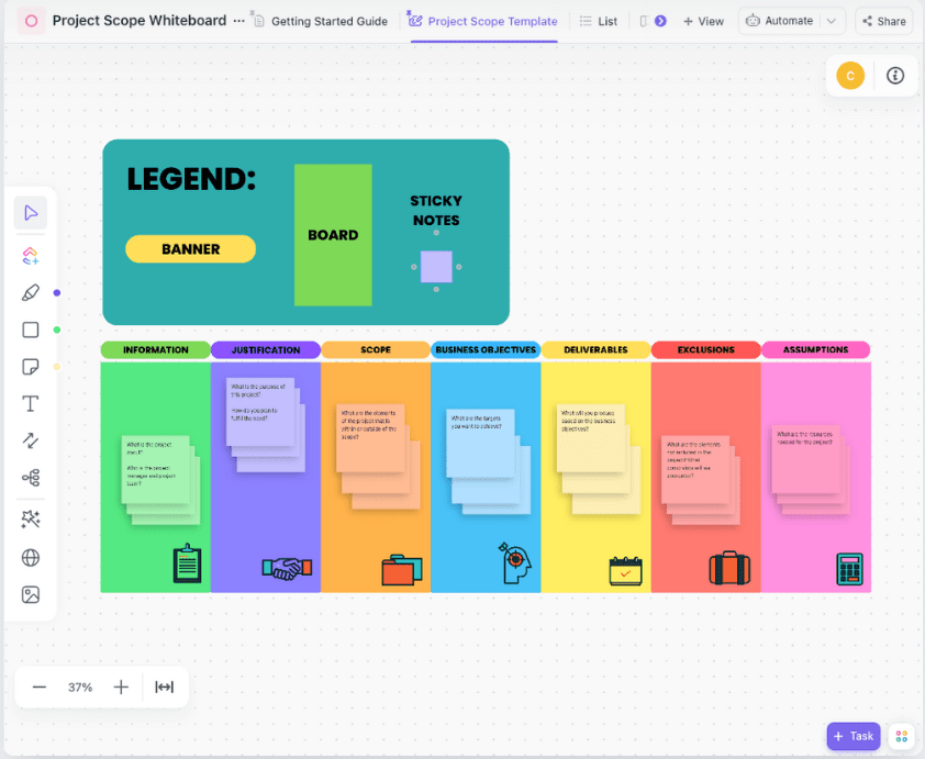 Participants can prepare a version of their business model canvas using ClickUp’s Project Scope Whiteboard Template