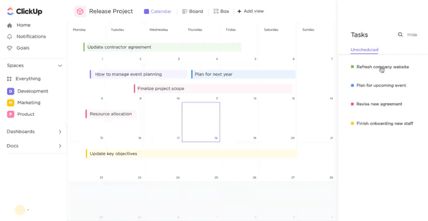 Visualizzazione del calendario di ClickUp