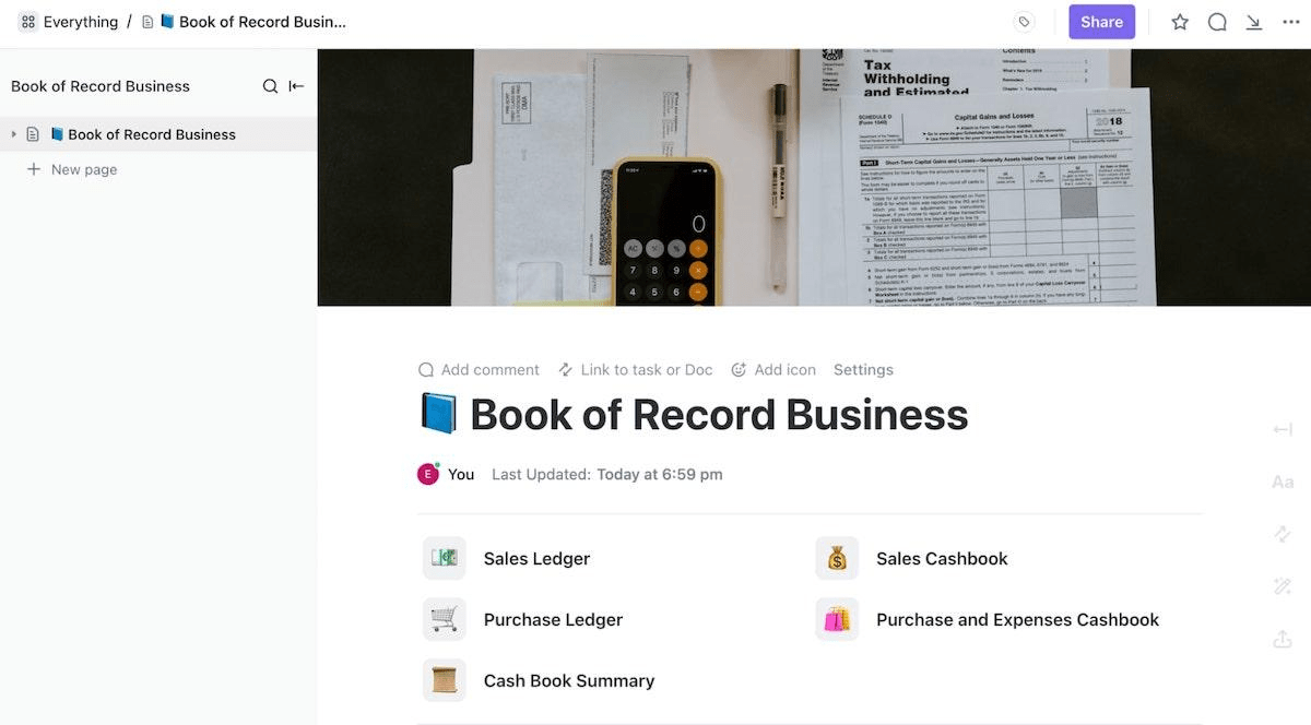 Use ClickUp’s Book of Record Business template to keep vital records of your company
