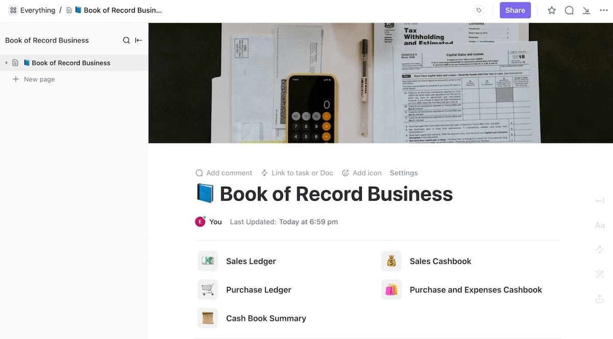 Gunakan templat Book of Record Business dari ClickUp untuk menyimpan catatan penting perusahaan Anda