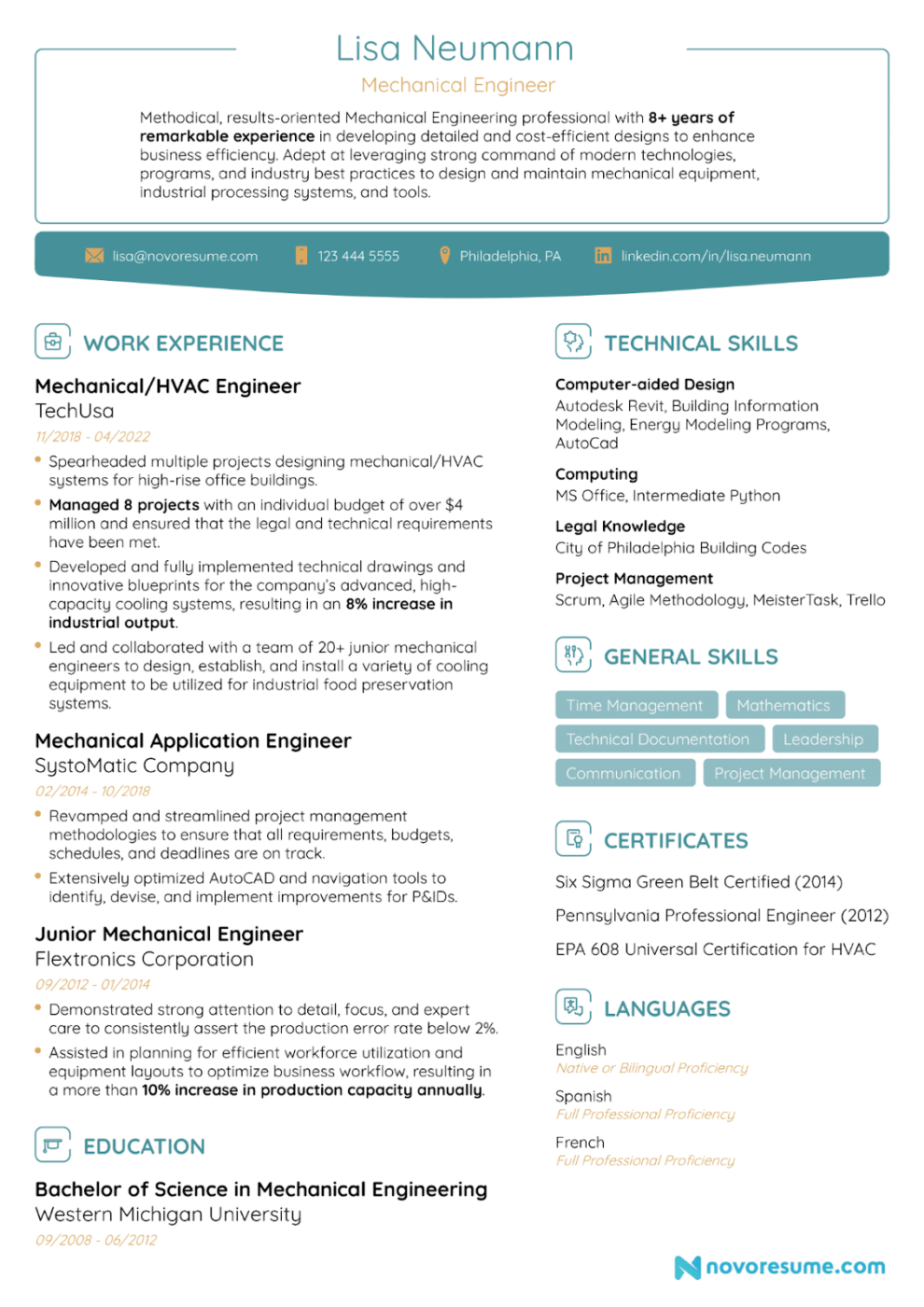 Plantilla de Curriculum Vitae de Ingeniería por Novoresume