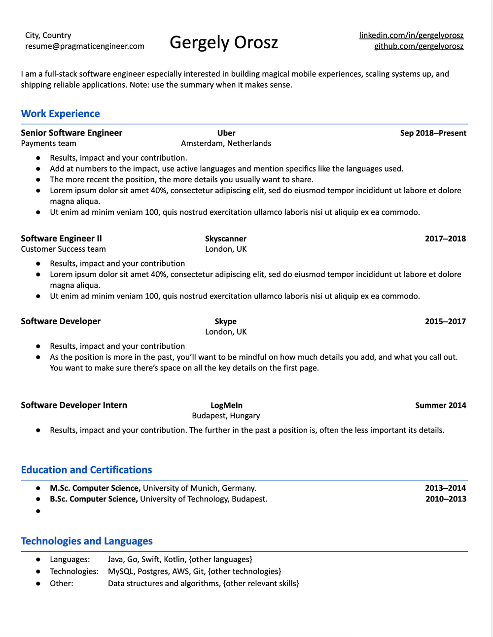 Szablon CV pragmatycznego inżyniera autorstwa Pragmatic Engineer