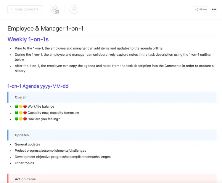 ClickUp's Employee & Manager 1-on-1 Template is designed to help managers and employees hold meaningful and productive conversations. 