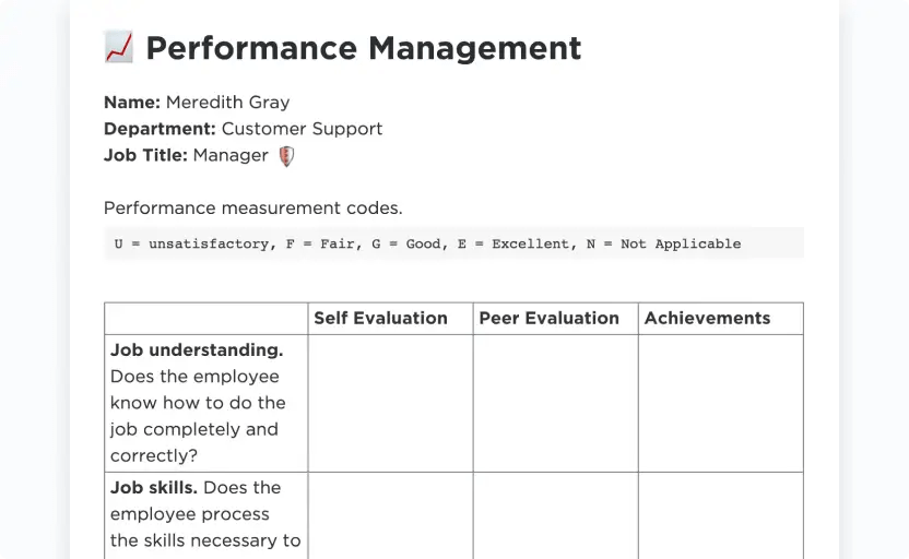 Analyze performance and organize your thoughts using ClickUp’s Performance Review Template
