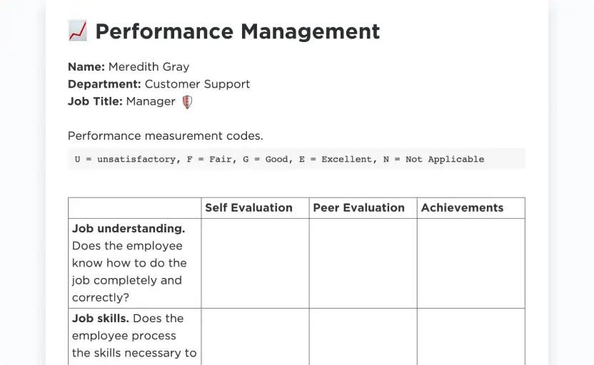 ClickUp’s Performance Review Template lets you combine employee self-assessment with peer feedback for an effective evaluation