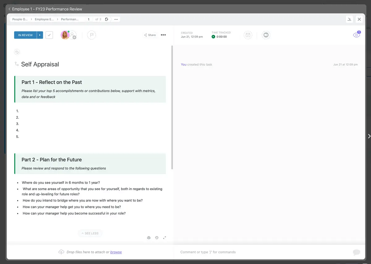 Provide structured feedback and boost career growth with ClickUp’s Performance Reviews Template