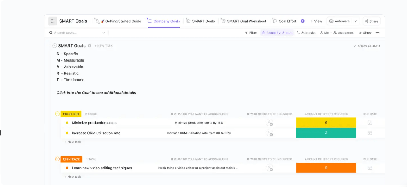 Tenete traccia dei vostri obiettivi con il modello SMART Obiettivi di ClickUp