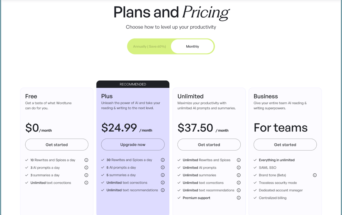 Wordtune Pricing