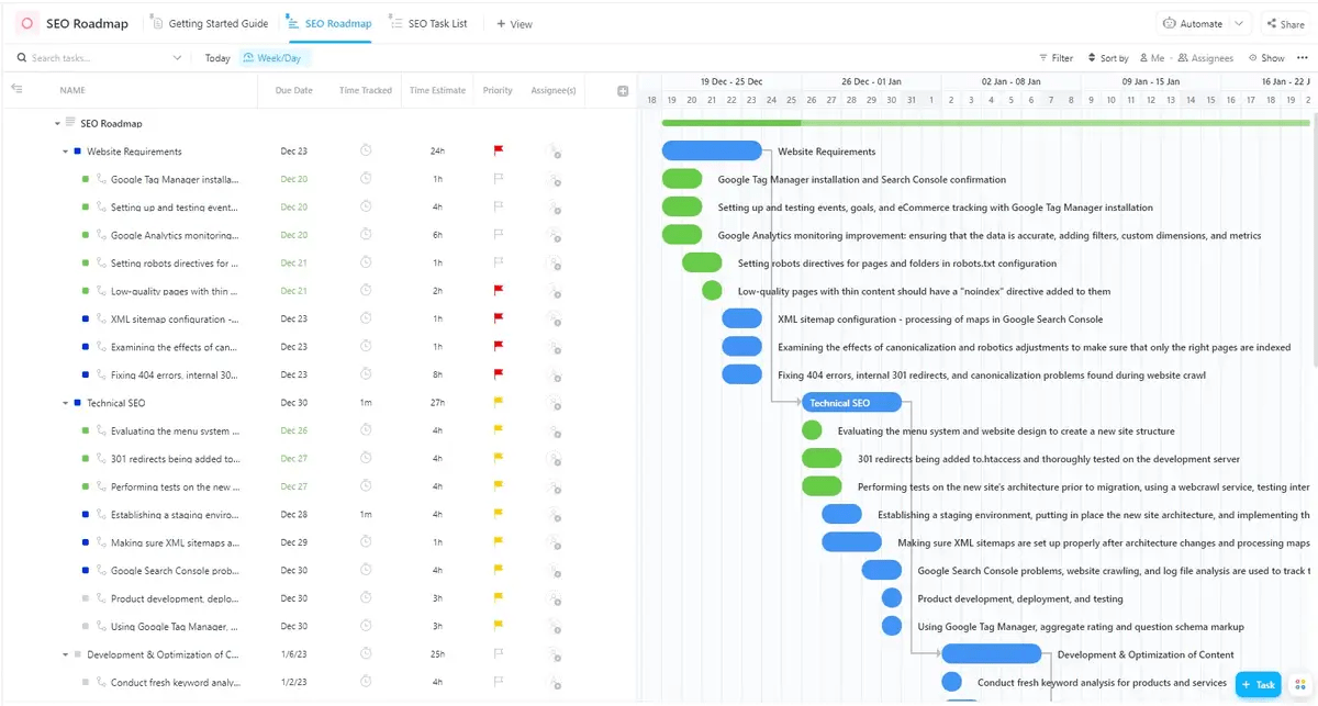 Twórz strategie SEO dla swojej witryny za pomocą szablonu ClickUp SEO Roadmap Template