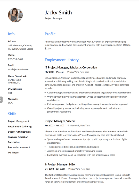  Szablon CV kierownika projektu według Resume Viking