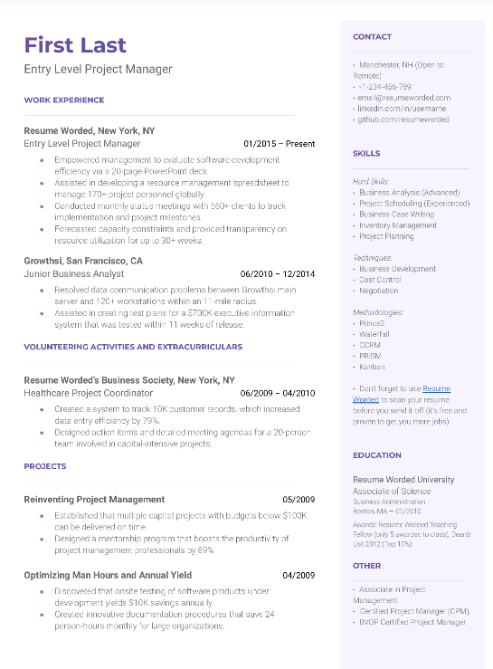  Entry Level Project Manager Resume Template by Resume Worded
