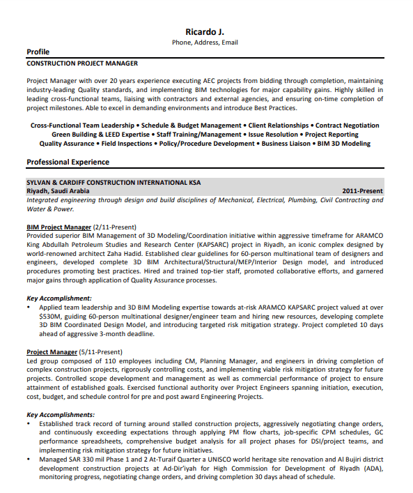 Construction Project Manager Resume Template by Template.net