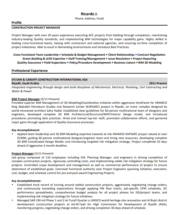 Modèle de CV de gestionnaire de projet de construction par Template.net