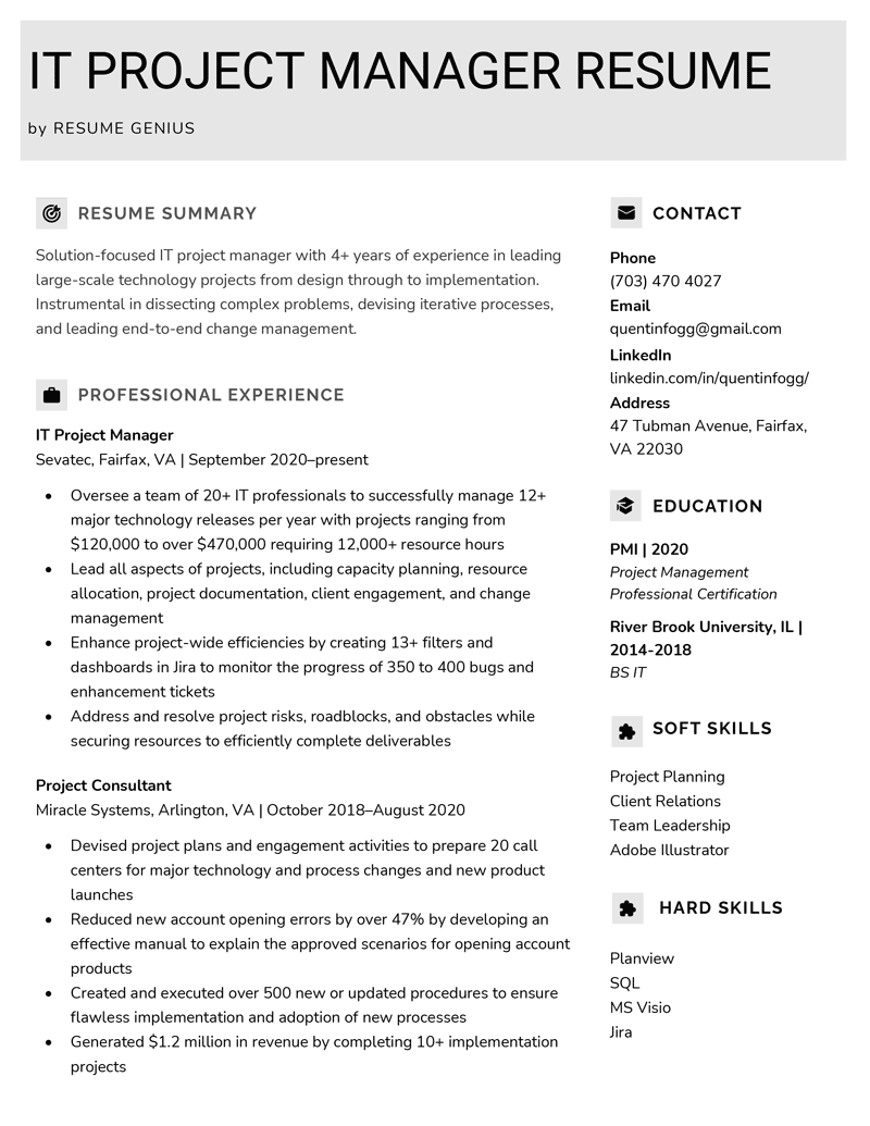  Modelo de currículo de gerente de projeto de TI da Resume Genius