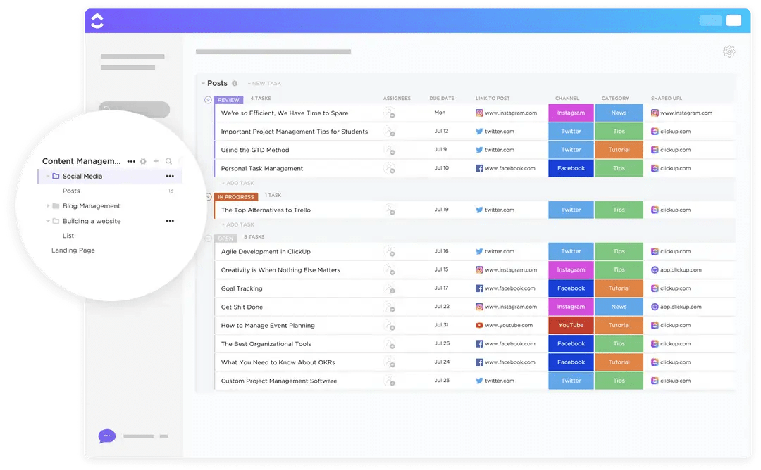 Utilize ClickUp’s Social Media Advanced template to store all links, graphics, drafts, and ideas for your social content in one place
