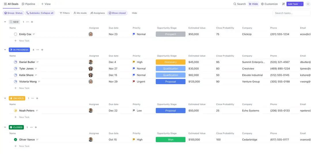 ClickUp의 간단한 CRM 템플릿으로 CRM 전략을 강화하세요