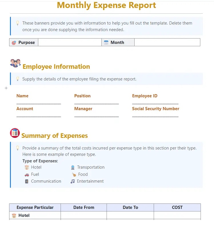 Document your expenses easily with the Monthly Expense Report Template by ClickUp