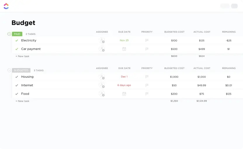 ClickUp's Personal Budget Template