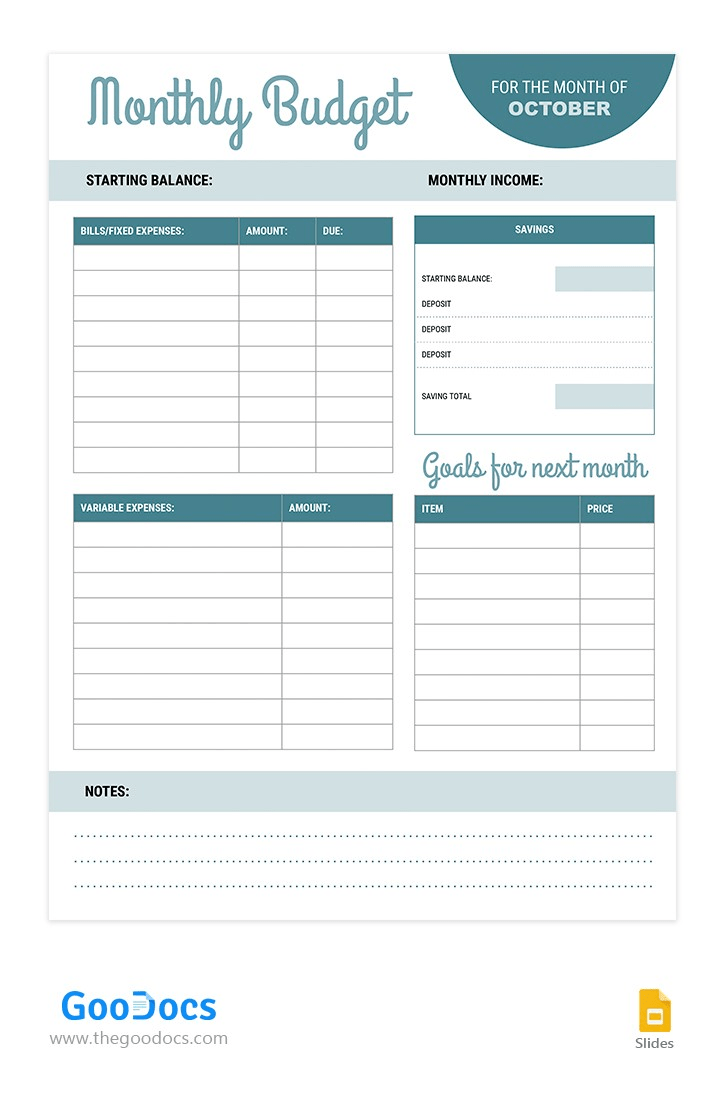 Google Slide Monatliches Budget Vorlage von GooDocs