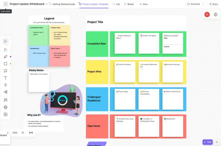 Stay organized and up-to-date on progress, milestones, and tasks with ClickUp’s Project Update Whiteboard Template 