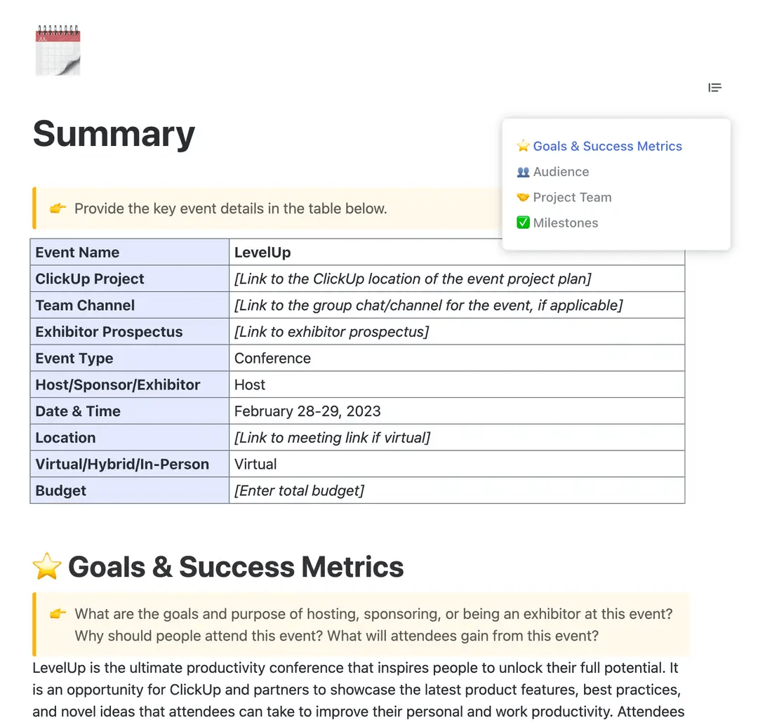 Proponga, planifique y comparta el plan de su evento externo con la plantilla de resumen de eventos de ClickUp, que le ayudará a alinear a todas las partes interesadas