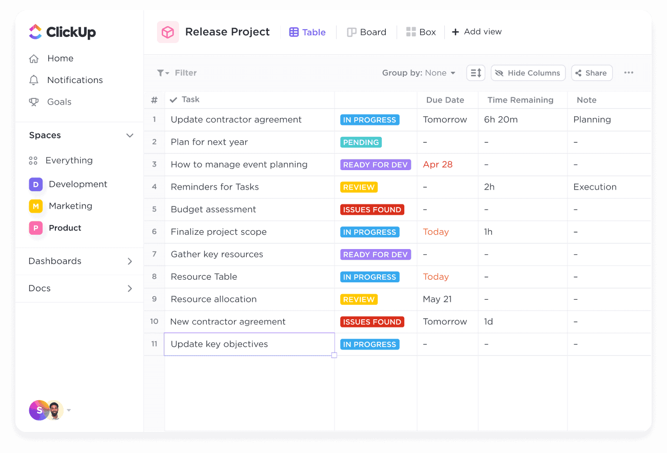 Vue Tableur de ClickUp