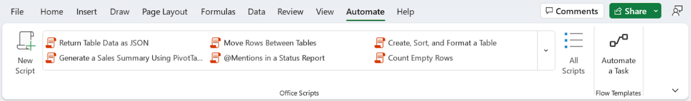 Microsoft Excel's Automate tab