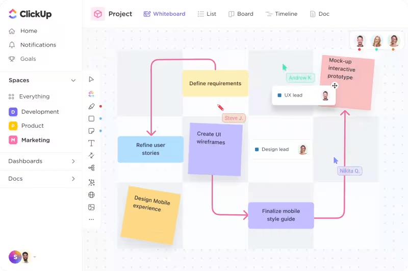 Use ClickUp Whiteboards to visualize and break down creative projects into manageable workflows