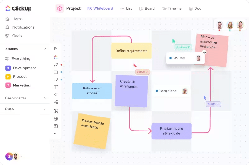 Gebruik ClickUp Whiteboards om creatieve projecten te visualiseren en op te splitsen in beheersbare workflows