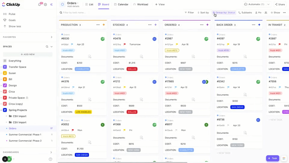 Widok tablicy Kanban w ClickUp