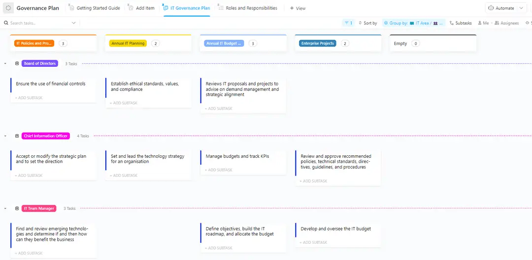 Use ClickUp’s Governance Plan Template to create your AI data governance plan, store all information within the template, and bring everyone on the same page