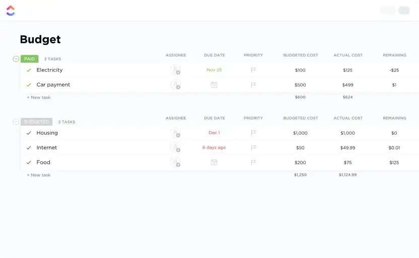 Conduct financial planning by managing your income, savings, expenses, debts, and necessities in ClickUp’s Personal Budget Template