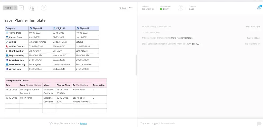 Save all important travel contacts and booking details using this travel planner template by ClickUp