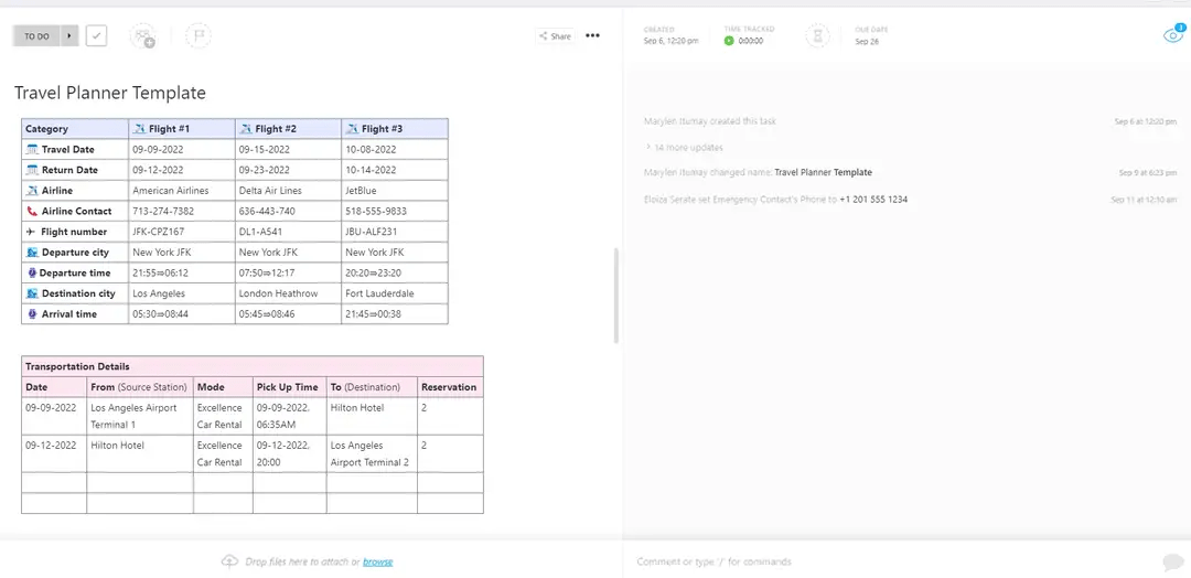 Memorizzate tutti i contatti di viaggio e i dettagli della prenotazione con questo modello di agenda di viaggio di ClickUp