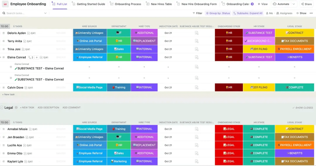 Zaoferuj płynne wdrażanie pracowników dzięki szablonowi ClickUp Employee Onboarding