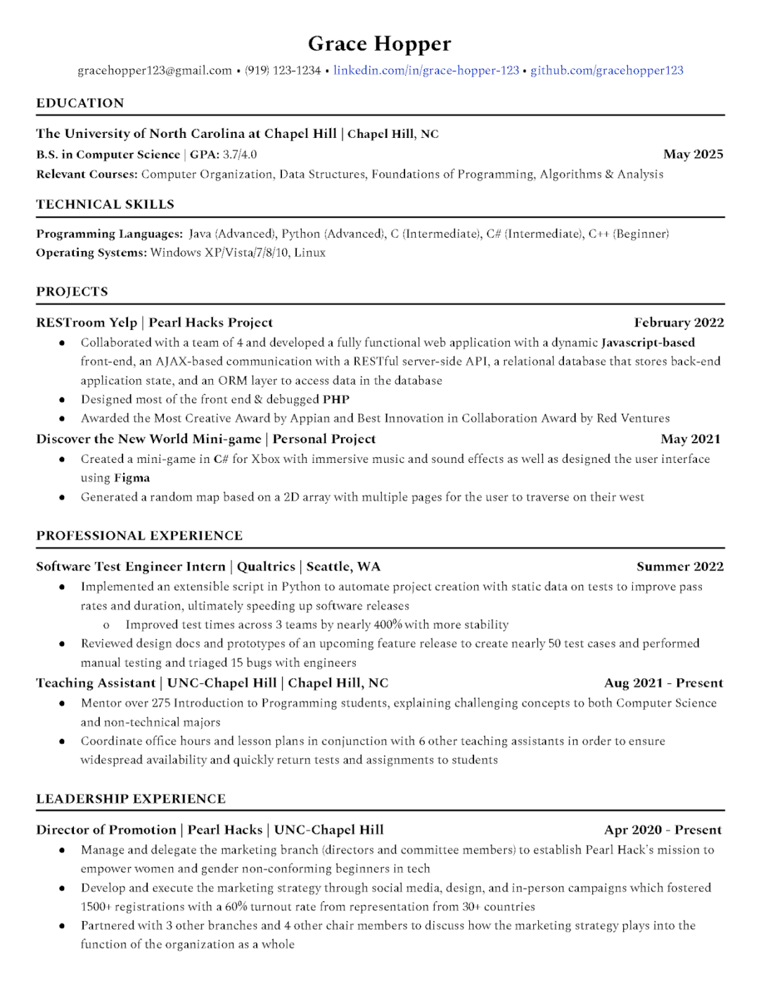 Tech CV/Lebenslauf Vorlage von UNC