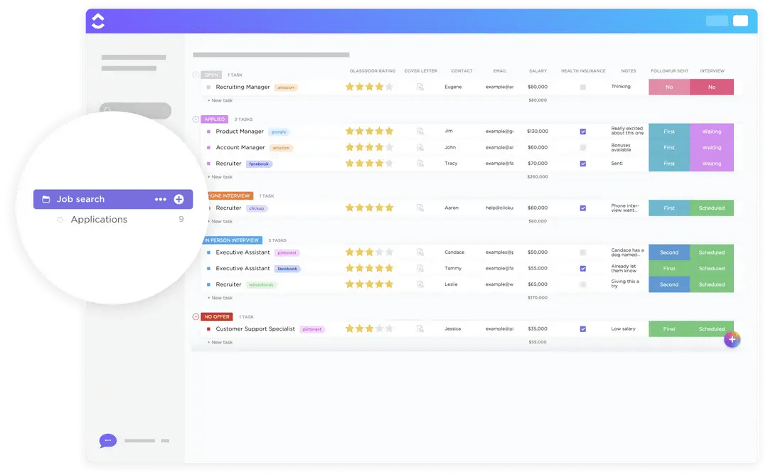 Lleva una pestaña de las empresas a las que has solicitado empleo, las nuevas vacantes, la valoración de las empresas, el salario y mucho más con la plantilla de búsqueda de empleo ClickUp, lista para usar y personalizable