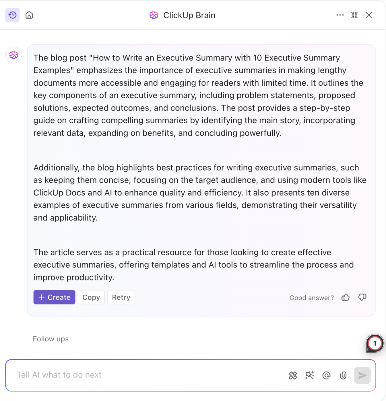 blog post executive summary with ClickUp Brain