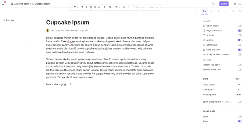 page focus mode in ClickUp Docs