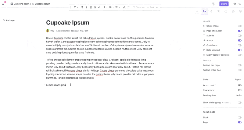 mode de mise au point de la page dans ClickUp Docs