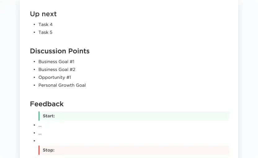 Use the ClickUp Performance Review Template to set clear discussion points for your review meeting and provide feedback