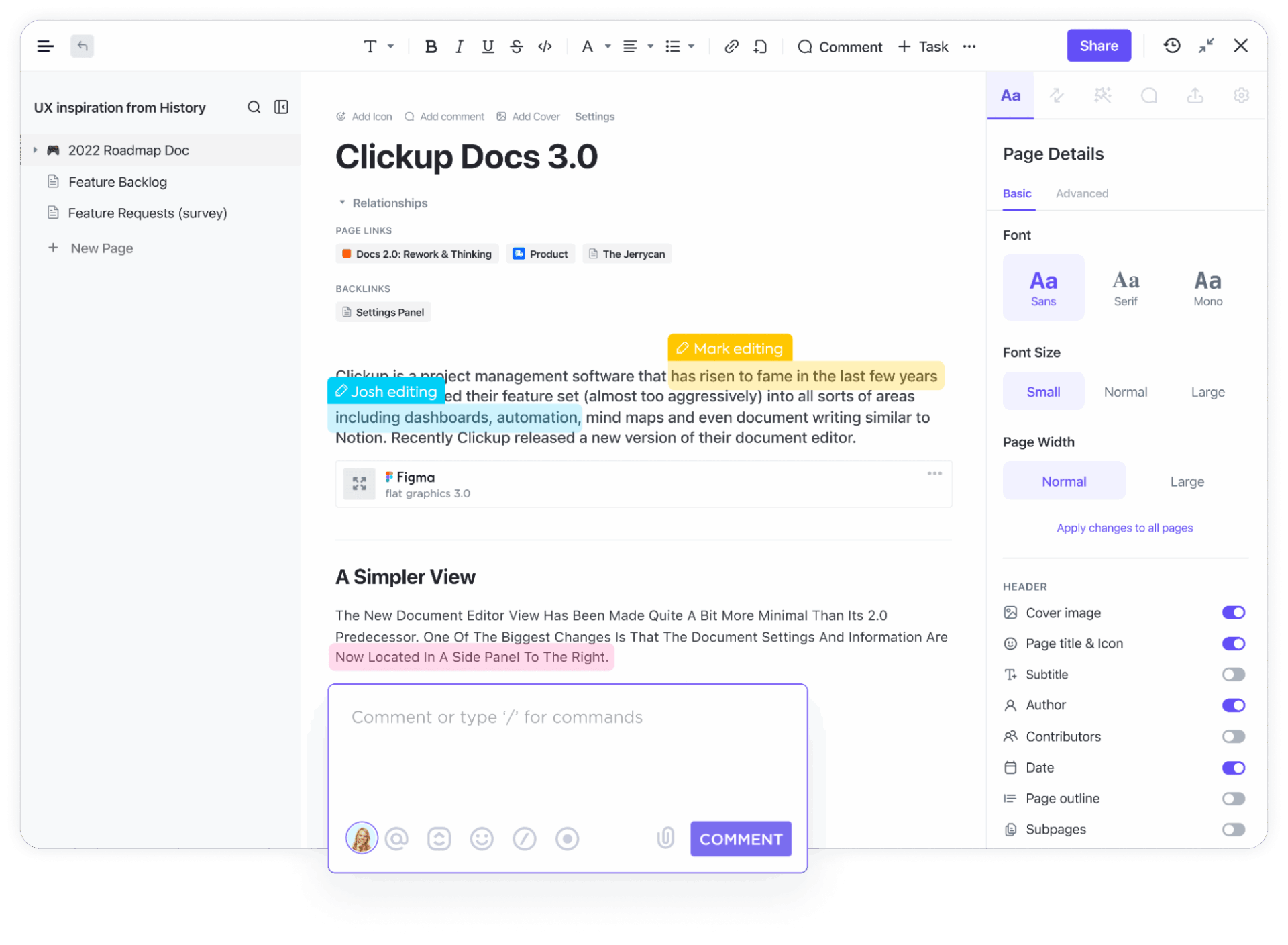 Collaborative detection and editing, adding comments, and embedding links within ClickUp Docs
