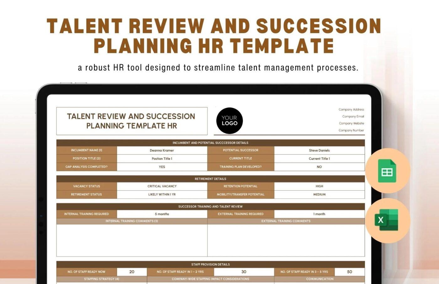 Talent review and succession planning template for Excel. 