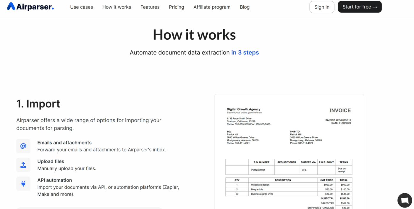 Airparser's Datenextraktion Features