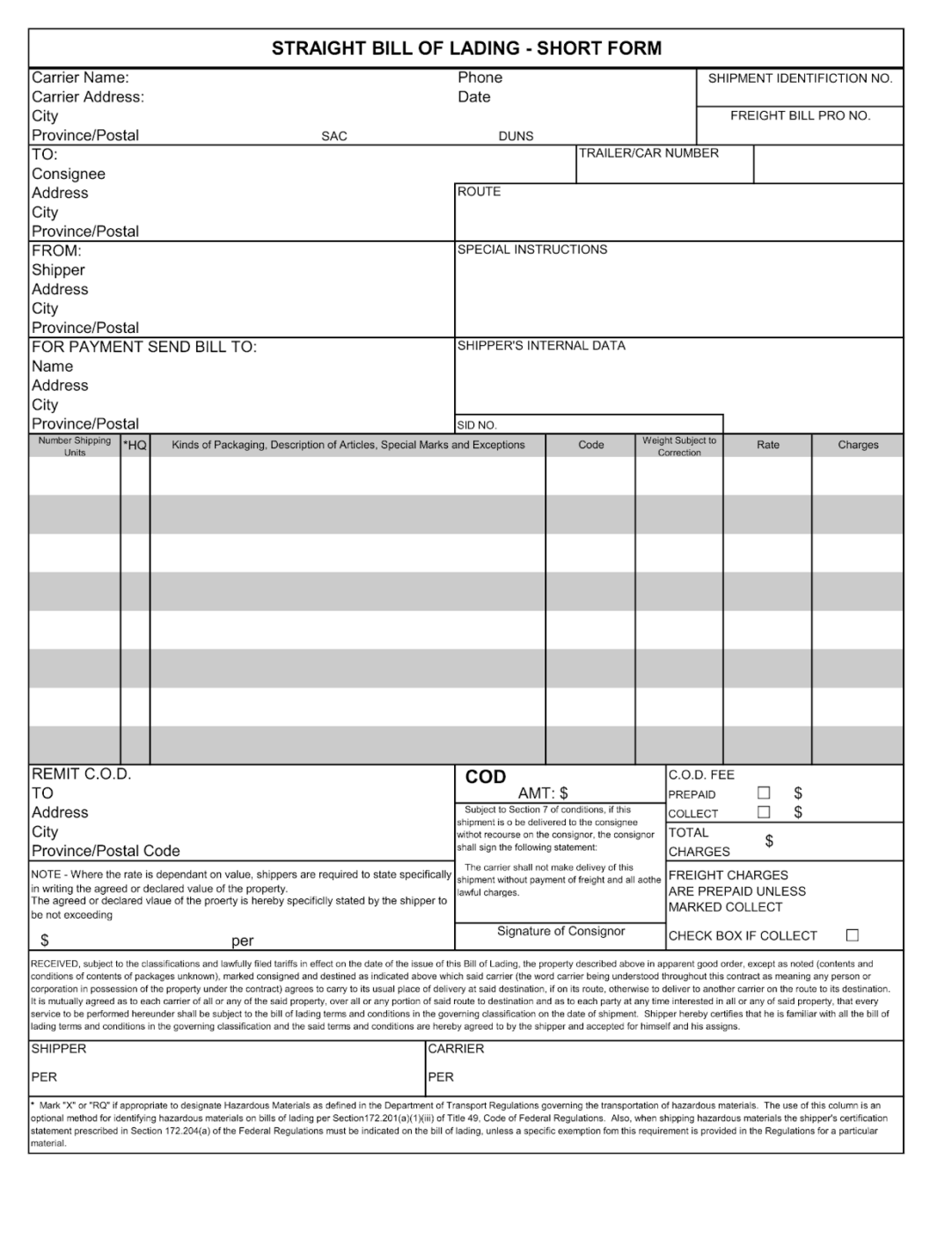 Bill of Lading Template by CanadaCustoms